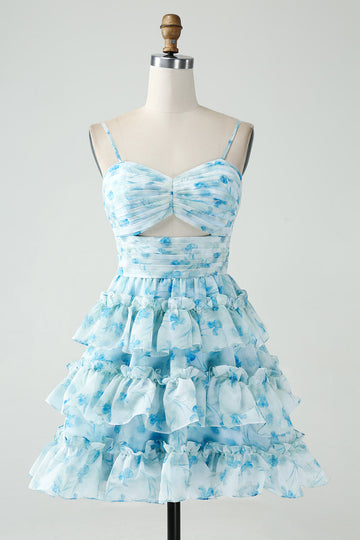 Tirantes de espagueti de línea A Vestido corto de regreso a casa floral azul escalonado